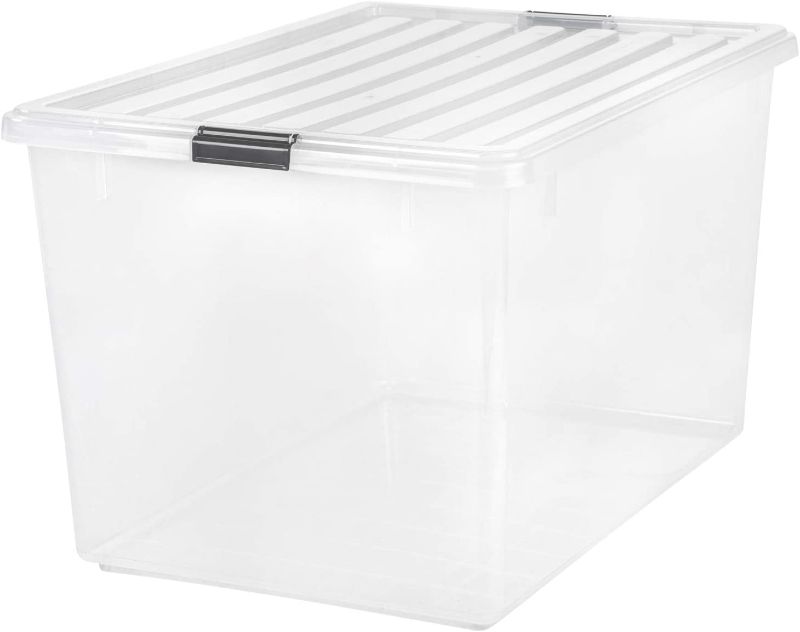 Photo 1 of 3pk IRIS USA 132 Quart Large Storage Bin Utility Tote Organizing Container Box with Buckle Down Lid for Clothes Storage, 1 Pack, Clear
