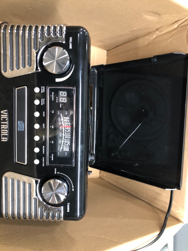 Photo 3 of *Parts only/No Power * Victrola 50's Retro Bluetooth Record Player & Multimedia Center with Built-in Speakers - 3-Speed Turntable, CD Player, AM/FM Radio | Vinyl to MP3 Recording | Wireless Music Streaming | Black Black Record Player