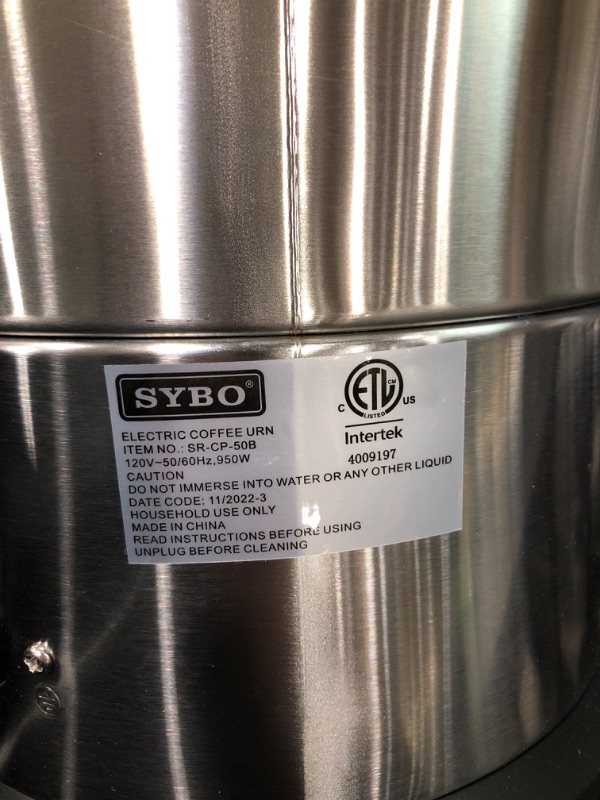 Photo 3 of ***TESTED**POWERED ON***SYBO 2022 UPGRADE SR-CP-50C Commercial Grade Stainless Steel Percolate Coffee Maker Hot Water Urn for Catering, 50-Cup 8 L, Metallic