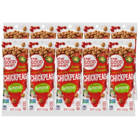 Photo 1 of ** EXPIRES MARCH 21/2023** The Good Bean Crunchy Chickpeas - Sweet Sriracha - (10 Pack) 1.4 oz Packet - Roasted Chickpea Beans - Vegan Snack with Good Source of Plant Protein and Fiber
