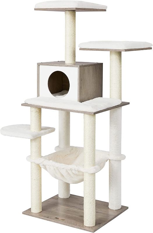 Photo 1 of *COLOR MAY VARY*FEANDREA WoodyWonders Cat Tree, Modern Cat Tower for Indoor Cats, 54.3-Inch Multi-Level Cat Condo, Ultra-Soft Plush, Scratching Posts, Hammock, Removable, Washable Cushions, Greige UPCT164G01
