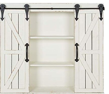 Photo 1 of *PARTS ONLY DAMAGED* Kate and Laurel Cates Decorative Wall Storage Cabinet with Two Sliding Barn Doors, Rustic White
