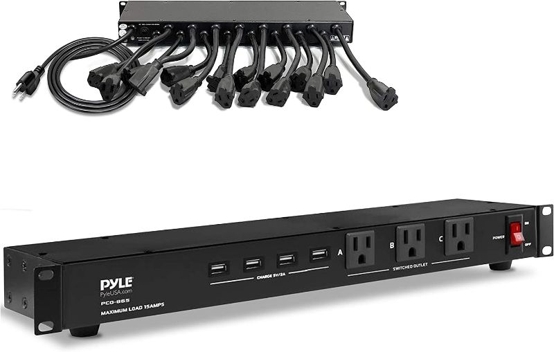 Photo 1 of Pyle 19 Outlet 1U 19" Rackmount PDU Power Distribution Supply Center Conditioner Strip Unit Surge Protector Cord (PCO865) Black