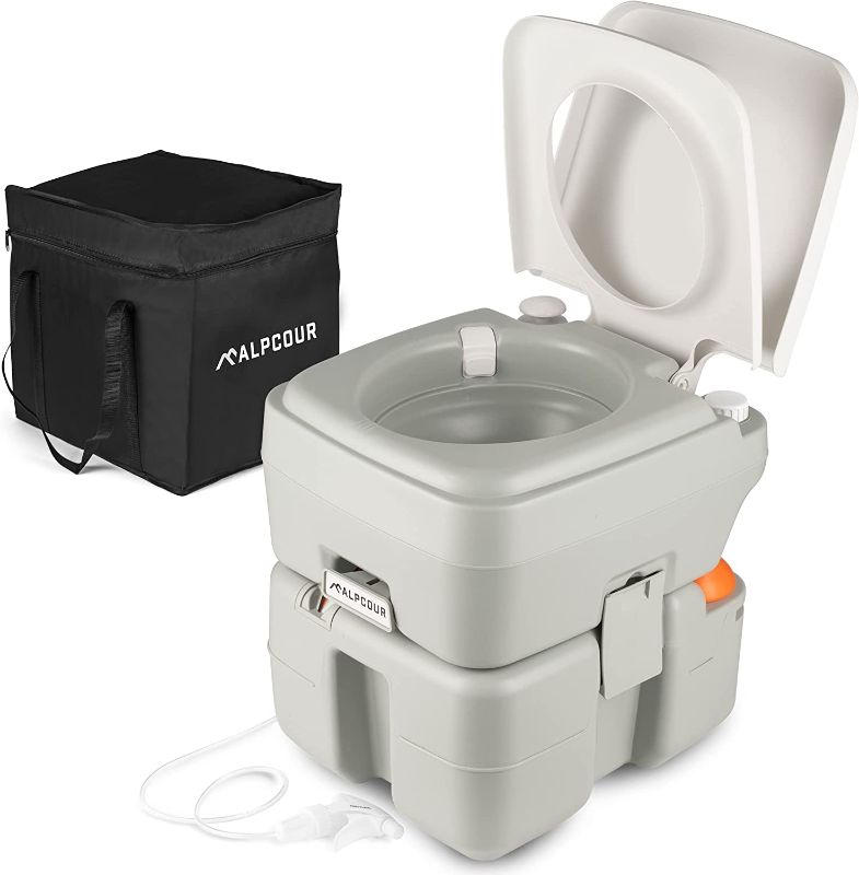 Photo 1 of Alpcour Portable Toilet – Compact Indoor & Outdoor Commode w/Travel Bag for Camping, RV, Boat & More – Piston Pump Flush, 5.3 Gallon Waste Tank, Built-In Pour Spout & Washing Sprayer for Easy Cleaning