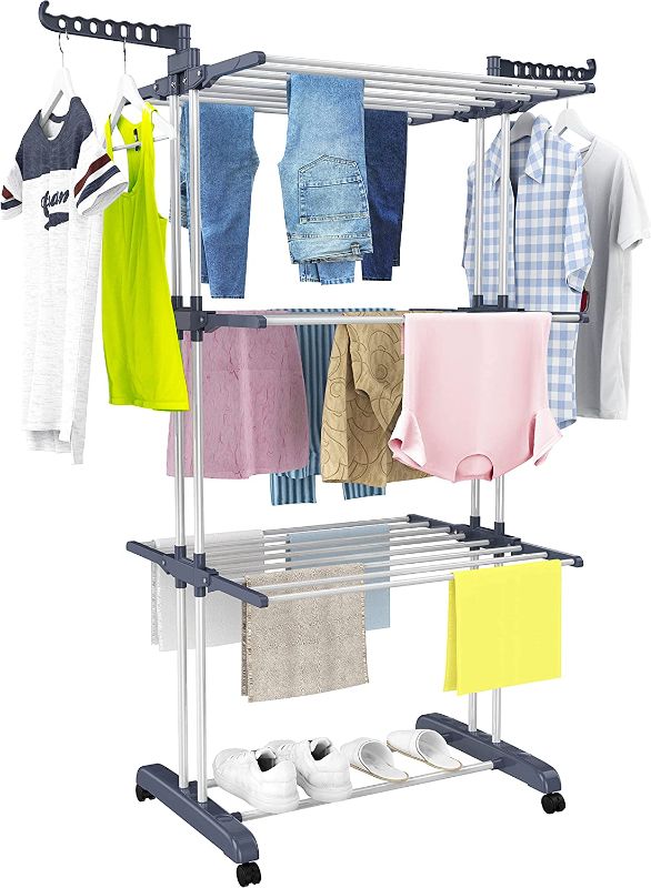 Photo 1 of **SEE NOTES**
HOMIDEC Clothes Drying Rack, Oversized 4-Tier(67.7" High) Foldable Stainless Steel Drying Rack Clothing, Movable Drying Rack with 4 castors, 24 Drying Poles & 14 Hooks for Bed Linen, Clothing, Grey
