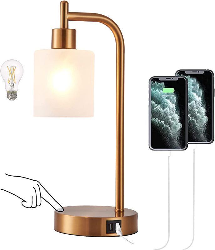 Photo 1 of 16.4" Gold Industrial Table Lamp 3 Way Touch Dimmable Frosted Anti Glare USB Charging Ports(LED Edison Bulb Included)
