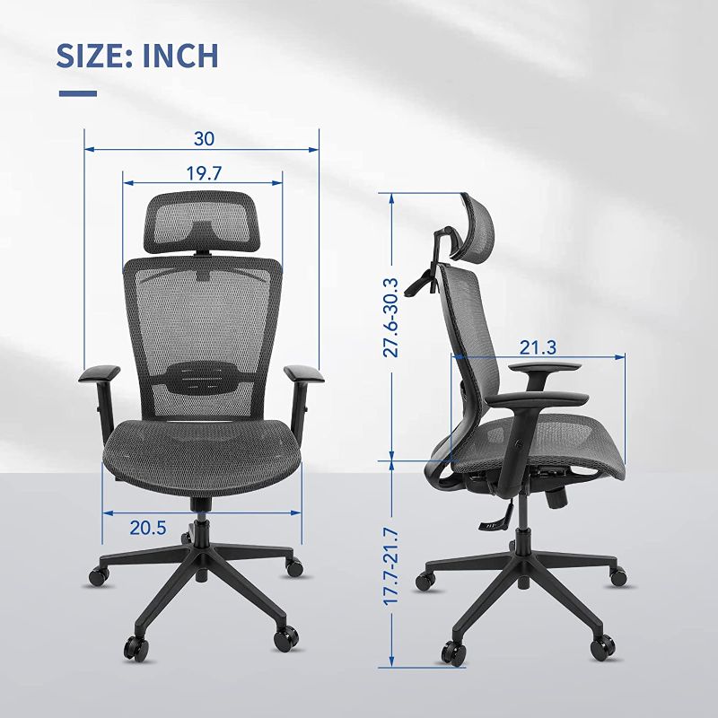 Photo 1 of FlexiSpot OC3B Ergonomic Executive Mesh Office Chair Swivel Height Adjustable Seat Headrest Armrest Lumbar Support Caster Wheels Task Chair Gray Mesh Seat Computer Office Desk Chair Grey