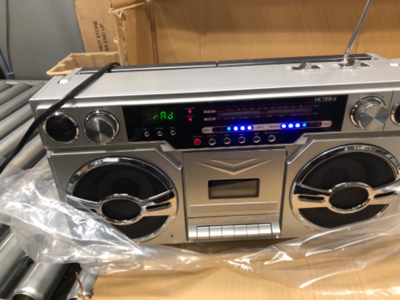 Photo 5 of Victrola 1980s Retro Bluetooth Boombox with Cassette Player and AM/FM Radio, Wired and Wireless Streaming, Classic 80s Style with Modern Technology, Silver