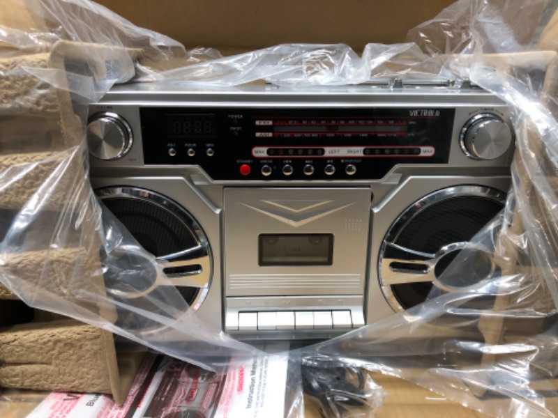 Photo 3 of Victrola 1980s Retro Bluetooth Boombox with Cassette Player and AM/FM Radio, Wired and Wireless Streaming, Classic 80s Style with Modern Technology, Silver