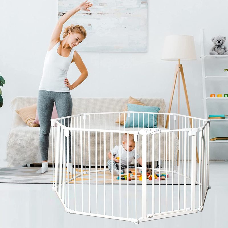 Photo 1 of 190-inch Extra Wide Baby Gate Playpen, Pet Gate for Stairs Doorway, 8-Panel Fireplace Fence with Walk-Through Door in Two Directions, Wall-Mount Metal Play Yard for baby/Toddler/Pet/Dog, 30" Tall
