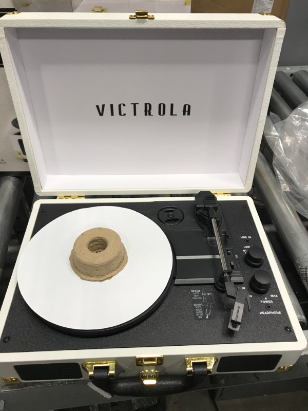 Photo 3 of *** POWERS ON *** Victrola Vintage 3-Speed Bluetooth Portable Suitcase Record Player with Built-in Speakers | Upgraded Turntable Audio Sound| White (VSC-550BT-WH) White Record Player