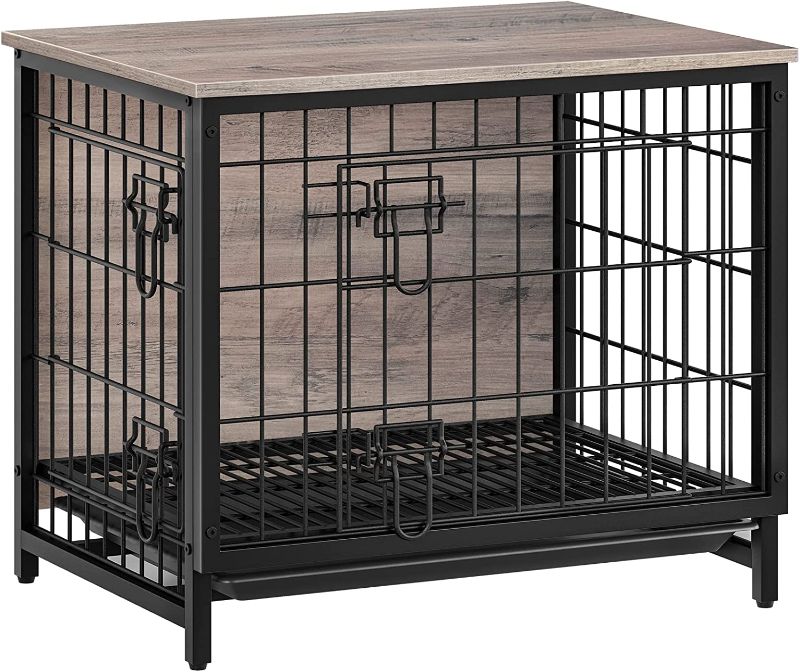 Photo 1 of ALLOSWELL Wooden Dog Crate Furniture, 25.2" Indoor Pet Crate End Table, Dog Furniture with Removable Tray, Decorative Dog Kennel for Small/Medium/Large Dogs, Greige DCHG0101
