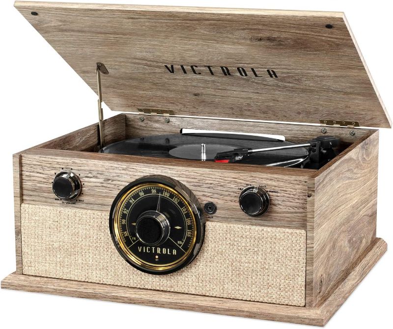 Photo 1 of Victrola 4-in-1 Cambridge Farmhouse Modern Bluetooth Turntable with FM Radio, Farmhouse Oatmeal
