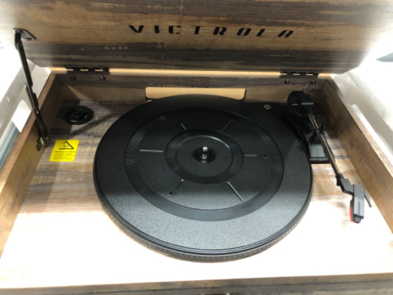 Photo 3 of Victrola Nostalgic 6-in-1 Bluetooth Record Player & Multimedia Center & Cassette Player, AM/FM Radio | Wireless Music Streaming |  Wood Color Farmhouse Shiplap Grey Entertainment Center + Record