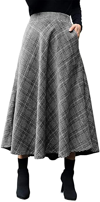 Photo 1 of DEALSANXUN Womens Plaid Wool Skirts Elastic Waist A-Line Pleated Tartan Long Skirts- xxl 