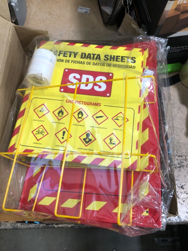 Photo 2 of MSDS Wall Station - 3 Inch 3 Ring Material Safety Data Sheet Binder with SDS Wire Rack and Display Sign, Chain, Mounting Hardware, SDS Poster, MSDS Labels - Bilingual Heavy Duty OSHA Yellow Binder