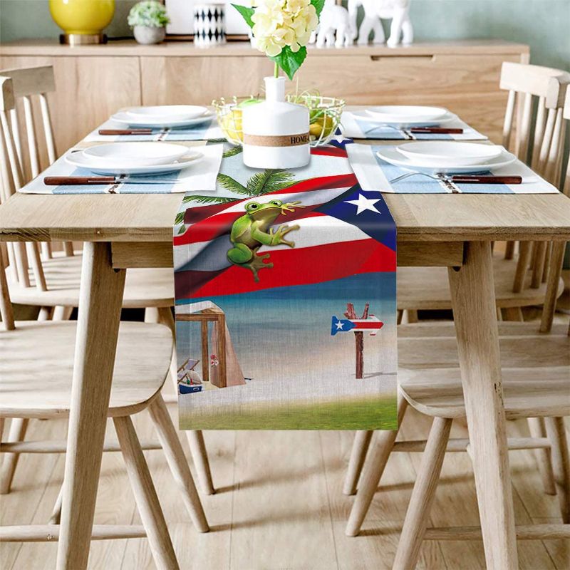 Photo 1 of ABCrazy Rectangle Table Runner Puerto Rico Flag Frog Beach Linen Cotton Dining Table Cloth Runners Ocean Home Decoration for Indoor Outdoors Dinner Party Wedding Birthday - 13 x 108 inches