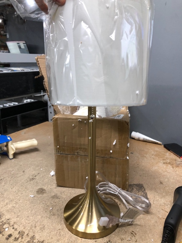 Photo 3 of **LAMP SHADE NEEDS TO BE REPLACED**
Simple Designs LT1076-GDW Tapered Fabric Drum Shade Table Lamp, Gold/White