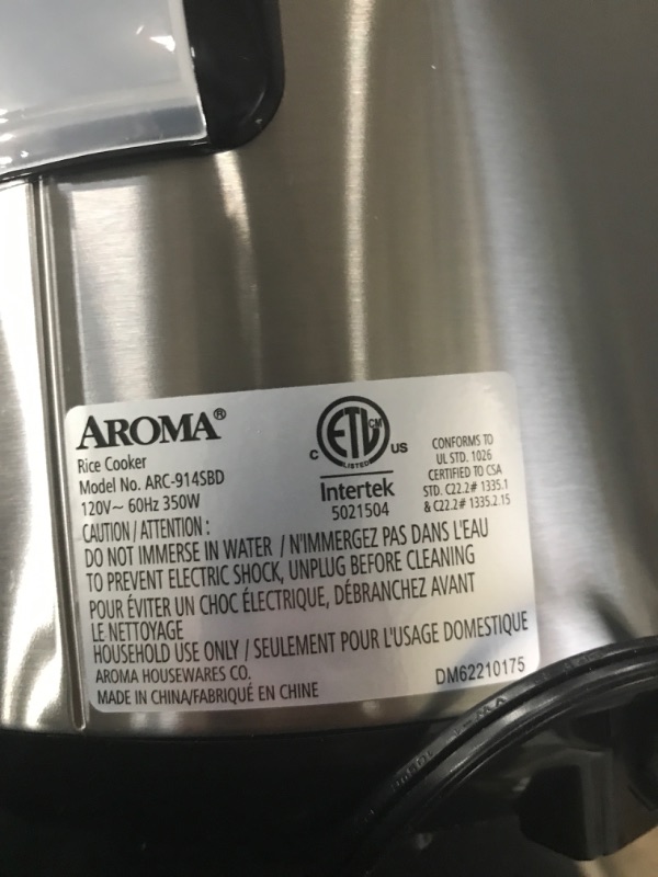 Photo 3 of ***TESTED POWERED ON***Aroma Housewares ARC-914SBD Digital Cool-Touch Rice Grain Cooker and Food Steamer, Stainless, Silver, 4-Cup (Uncooked) / 8-Cup (Cooked) Basic