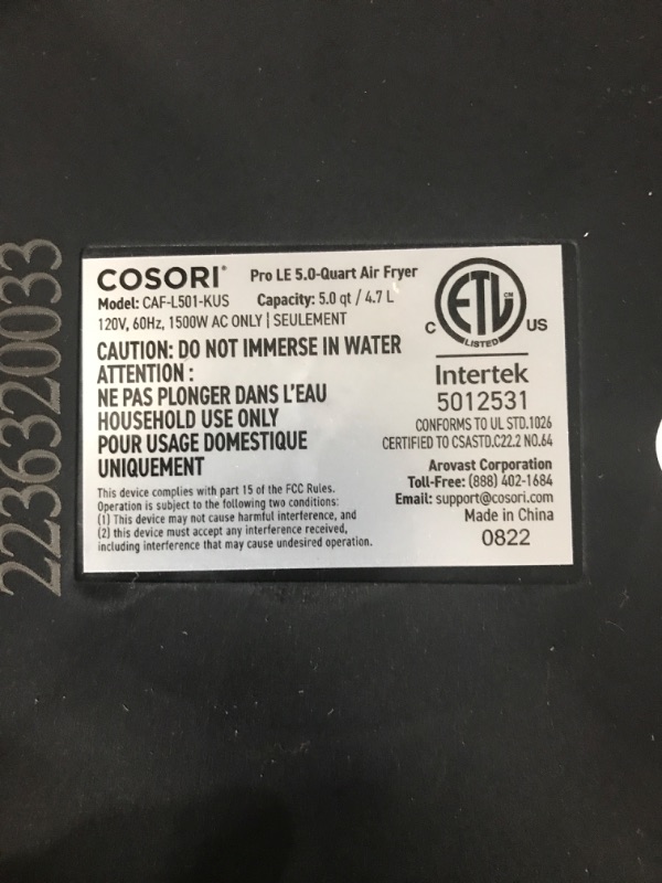 Photo 4 of ***TESTED POWERED ON***COSORI Air Fryer, 5 QT, 9-in-1 Airfryer Compact Oilless Small Oven, Dishwasher-Safe, 450? freidora de aire, 30 Exclusive Recipes, Tempered Glass Display, Nonstick Basket, Quiet, Fit for 1-4 People