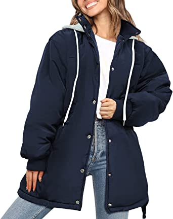 Photo 1 of PRETTYGARDEN Women's 2023 Hooded Puffer Jackets Long Sleeve Button Down Belted Warm Winter Trench Coat Outerwear With Pockets
