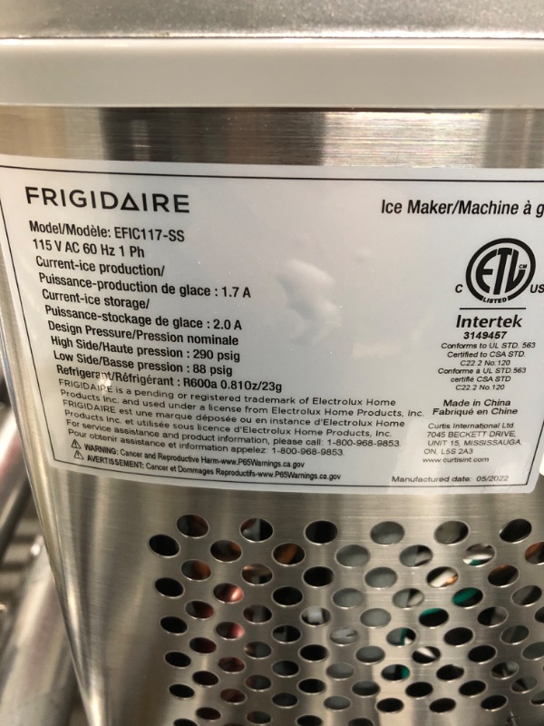 Photo 3 of ***PARTS ONLY*** Frigidaire EFIC117-SS 26 Pound Ice Maker, 26 lbs per day, Stainless