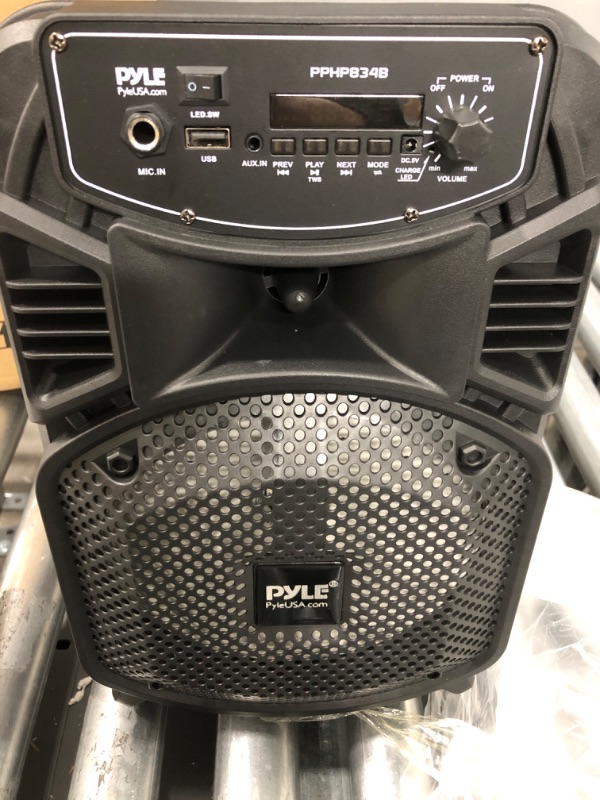 Photo 2 of Pyle Portable Bluetooth PA Speaker System-300W Rechargeable Indoor/Outdoor Bluetooth Speaker Portable System w/ 8” Subwoofer 1” Tweeter, Microphone in, Party Lights, MP3/USB, Radio, Remote PPHP834B