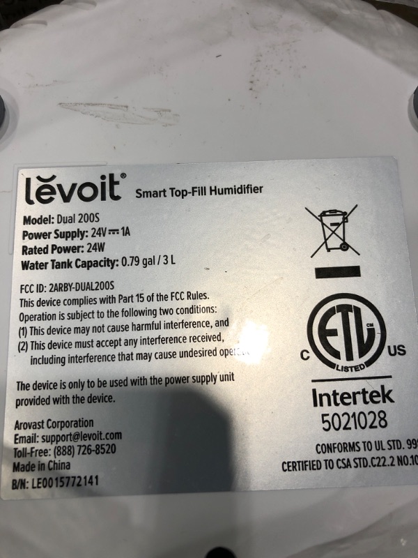 Photo 2 of *** POWERS ON *** LEVOIT Smart Cool Mist Humidifiers for Bedroom, Top Fill Essential Oil Diffuser, Auto Humidity Adjustment with Sensor, Remote Control, Ideal for Baby Nursery and Plants, Quiet, Ultrasonic, 3L, White