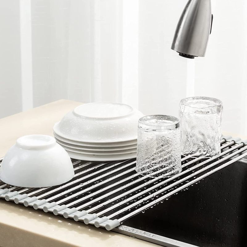 Photo 1 of 17.7" x 13" Roll Up Dish Drying Rack,Over The Sink Dish Drying Rack for Kitchen,Large Stainless Steel, Foldable 304 Stainless Dish Racks Counter
