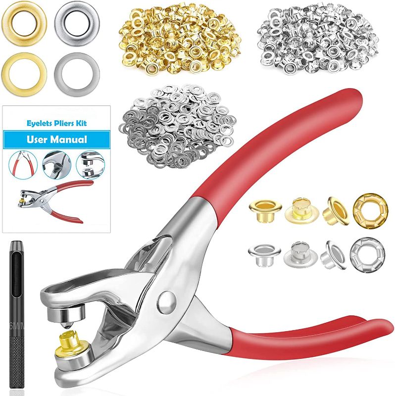 Photo 1 of 803Pcs Grommet Eyelet Pliers Kit, 1/4 Inch 6mm Grommet Tool Kit with 800 Metal Eyelets with Washers in Gold and Silver, Eyelet Grommets, Portable Grommet Hand Press kit for Leather/Belt/Shoes/Cloths
