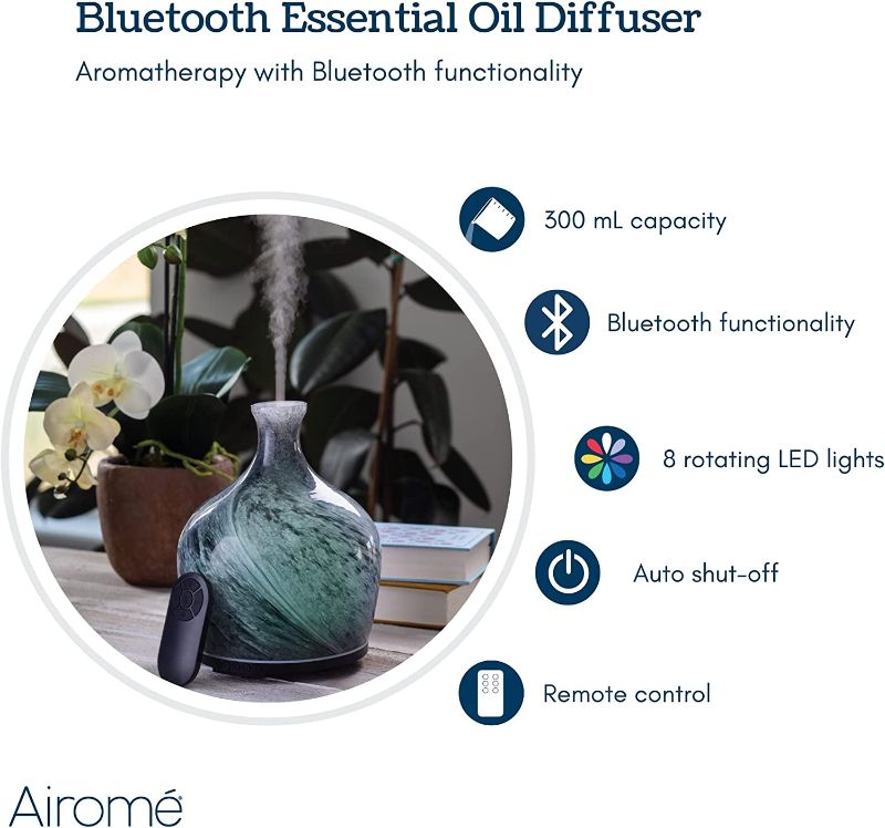 Photo 2 of Airome 300 mL Ultrasonic Essential Oil Diffuser with Bluetooth Speaker and LED Light |Hand Blown Glass Black, Obsidian