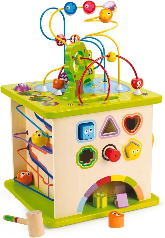 Photo 1 of Country Critters Wooden Activity Play Cube by Hape | Wooden Learning Puzzle Toy for Toddlers, 5-Sided Activity Center with Animal Friends, Shapes, Mazes, Wooden Balls, Shape Sorter Blocks and More, 13.78 x 13.78 x 19.69 inches
