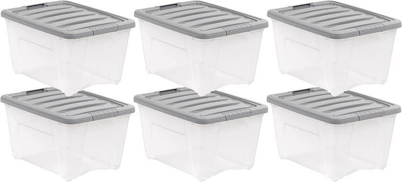 Photo 1 of Amazon Basics 32 Quart Stackable Plastic Storage Bin with Latching Lid- Clear/ Grey- Pack of 6
