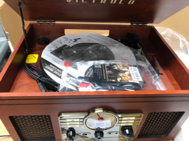 Photo 4 of Victrola Nostalgic 6-in-1 Bluetooth Record Player & Multimedia Center with Built-in Speakers - 3-Speed Turntable, CD & Cassette Player, FM Radio | Wireless Music Streaming | Mahogany
