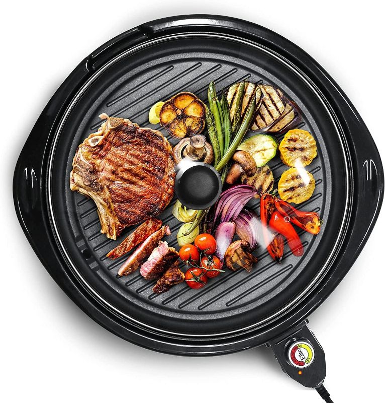 Photo 1 of ***PARTS ONLY*** Elite Gourmet EMG-980B Smokeless Electric Tabletop Grill Nonstick, 6-Serving, Dishwasher Safe Removable Grilling Plate, Grill Indoor, Tempered Glass Lid, Adjustable Temperature, 14", Black
