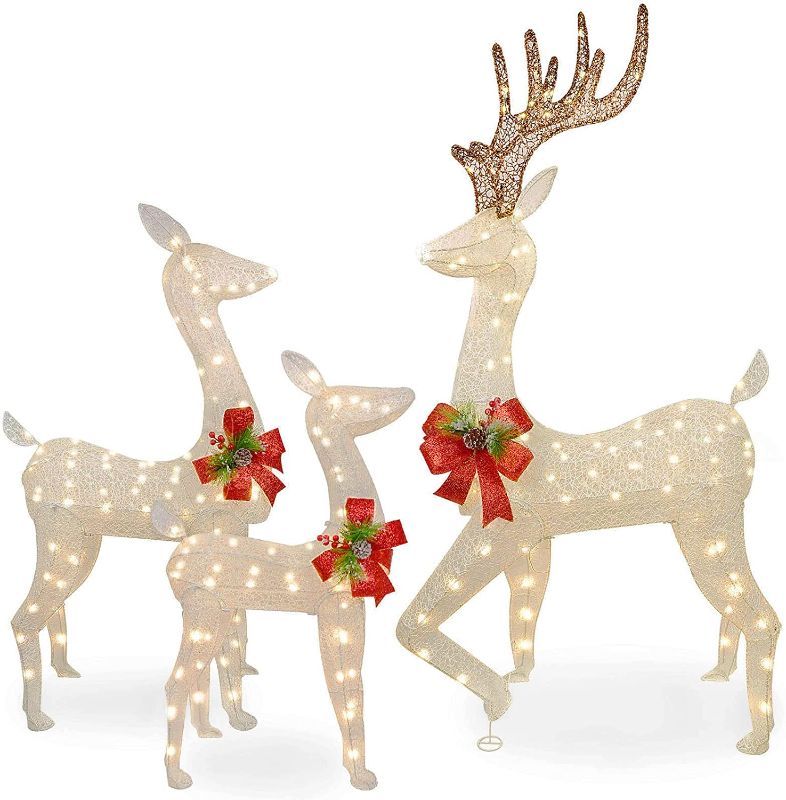 Photo 1 of (Super Larger Size) 3-Piece Reindeer Christmas Decorations Outdoor Indoor, Lighted Christmas Deer Family Set Outdoor Yard Decoration with 230 LED Lights, Zip Ties, Stakes, Lighted Buck, Doe and Fawn