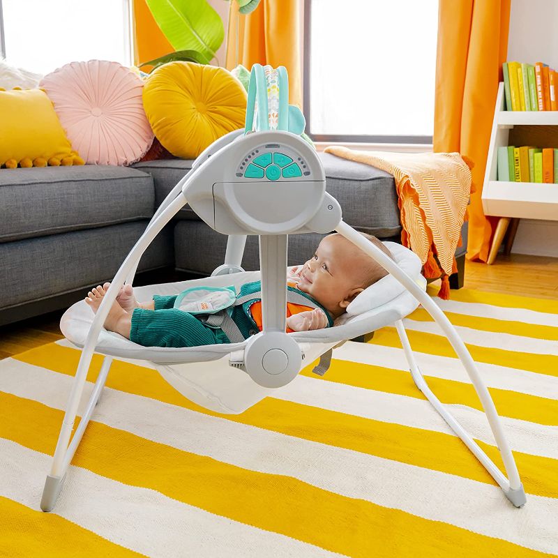 Photo 2 of Bright Starts Whimsical Wild Portable Compact Automatic Deluxe Baby Swing with Music and Taggies, Newborn and up