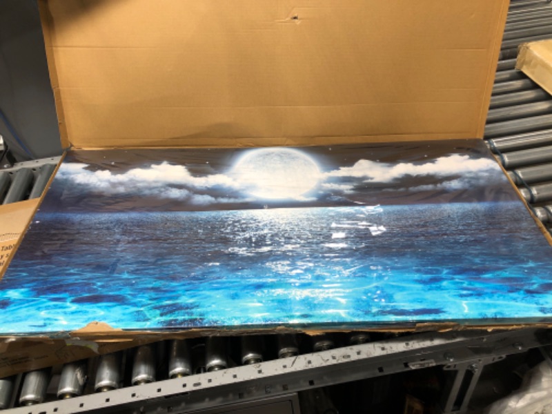 Photo 2 of ***SEE NOTES ABOUT DAMAGE*** Sea Canvas Wall Art Blue Clear Ocean Seascape Giclee Artwork Full Moon in Cloud Landscape Framed Picture Canvas Prints for Living Room Decor - 24x48 Inch 24x48inch(60x120cm)