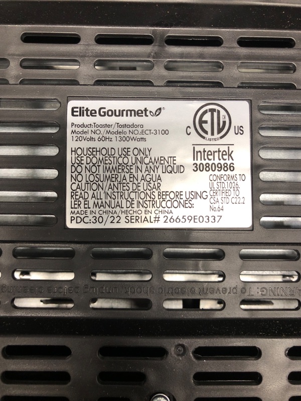 Photo 3 of **TESTED POWERED ON***Elite Gourmet ECT-3100 Long Slot 4 Slice Toaster, Reheat, 6 Toast Settings, Defrost, Cancel Functions, Built-in Warming Rack, Extra Wide Slots for Bagels & Waffles, Stainless Steel & Black 4 Slice Stainless Steel and Black