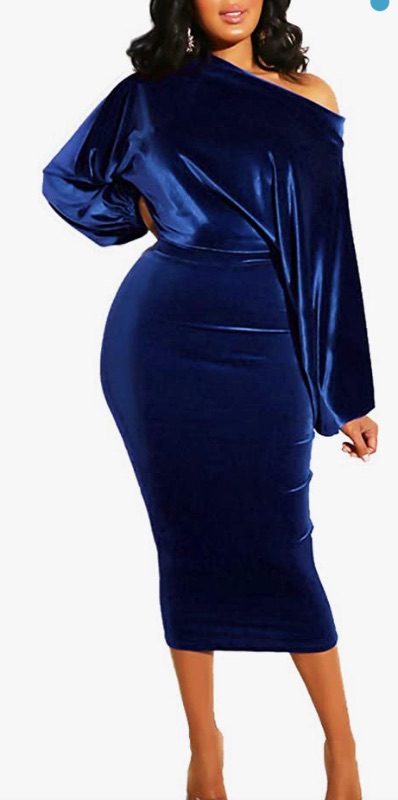 Photo 1 of Salimdy Womens One Off Shoulder Midi Dress Long Sleeve Velvet Sexy Bodycon Party Pencil Dress