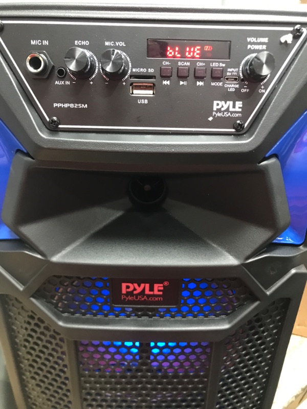 Photo 2 of Portable Bluetooth PA Speaker System - 400W Outdoor Bluetooth Speaker Portable PA System w/Microphone in, Party Lights, MP3/USB SD Card Reader, FM Radio, Rolling Wheels - Mic, Remote - Pyle PPHP82SM