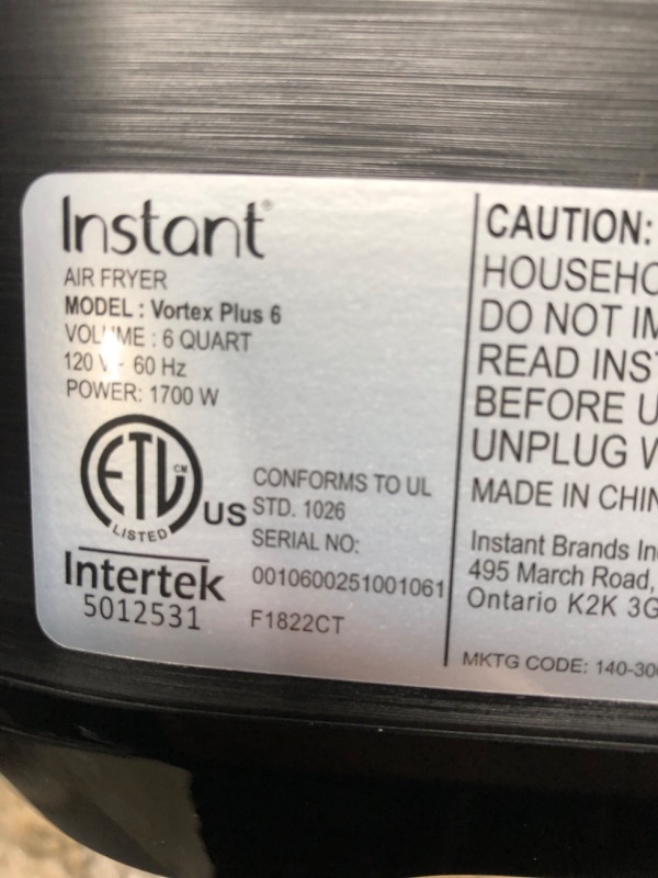 Photo 4 of ***PLEASE SEE COMMENT/PICS****Instant Vortex Plus Air Fryer Oven, 6 Quart, From the Makers of Instant Pot, 6-in-1, Broil, Roast, Dehydrate, Bake, Non-stick and Dishwasher-Safe Basket, App With Over 100 Recipes, Stainless Steel 6QT Vortex Plus