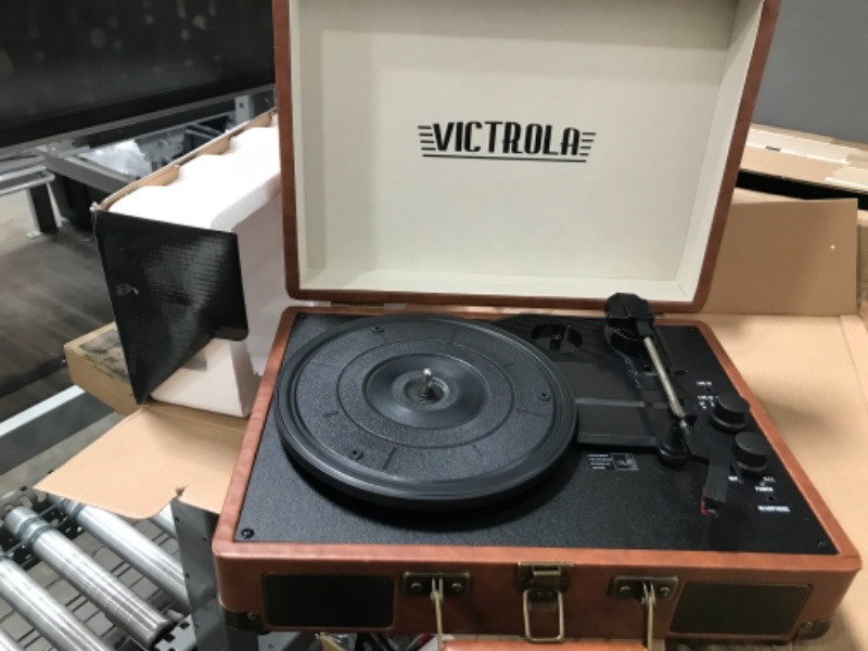 Photo 5 of Victrola Vintage 3-Speed Dual Bluetooth Portable Suitcase Record Player with Built-in Speakers | Upgraded Audio Sound| Includes Extra Stylus | Stream Vinyl to Any Bluetooth Speaker! Retro Brown