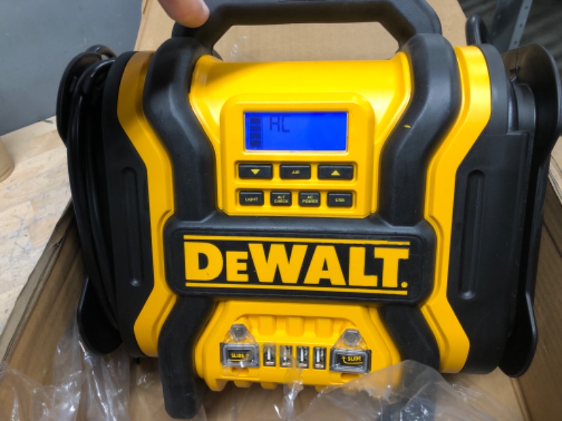 Photo 3 of DEWALT DXAEPS14 1600 Peak Battery Amp 12V Automotive Jump Starter/Power Station with 500 Watt AC Power Inverter, 120 PSI Digital Compressor, and USB Power , Yellow