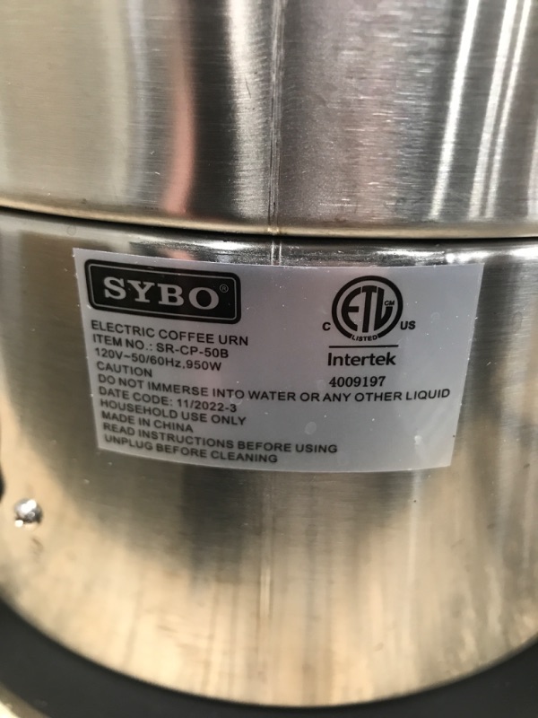 Photo 1 of *** TESTED - POWERS ON*** SYBO 2022 Upgrade SR-CP100B Commercial Grade Stainless Steel Percolate Coffee Maker Hot Water Urn for Catering, 100-CUP 16 L, Metallic

