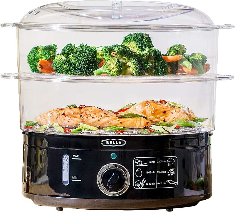 Photo 1 of *** TESTED - POWERS ON ** BELLA Two Tier Food Steamer, Healthy, Fast Simultaneous Cooking, Stackable Baskets for Vegetables or Meats, Rice/Grains Tray, Auto Shutoff & Boil Dry Protection, 7.4 QT, Black
