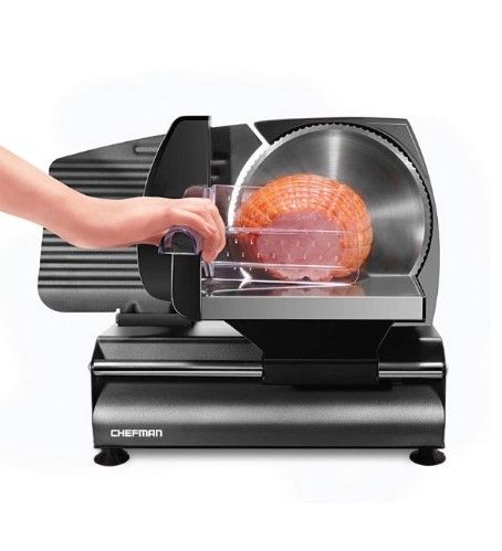 Photo 1 of Chefman Die-Cast Electric Deli & Food Slicer Cuts Meat, Cheese, Bread, Fruit & Vegetables Adjustable Slice Thickness, Stainless Steel Blade, Safe Non-Slip Feet, For Home Use, Easy To Clean, Black
DAMAGED NEEDS REPAIR
