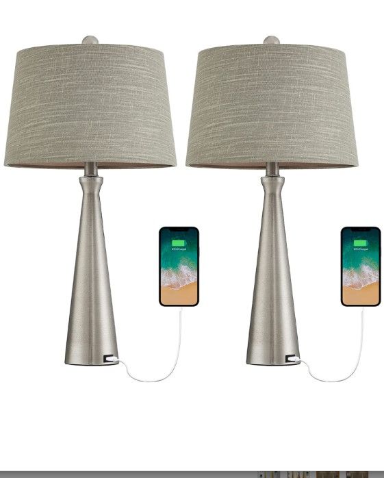 Photo 1 of Oneach Modern USB Table Lamp Set of 2 for Living Room Bedroom Bedside Nightstand Lamps Fabric Shade 25.8" Accent Light Silver
