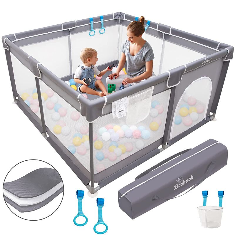 Photo 1 of Baby Playpen, Boohaab Baby Playpen for Toddler, Baby Playard Indoor & Outdoor Kids Activity Center with Anti-Slip Base, Safety Play Yard with Soft Breathable Mesh, Kid's Fence, Grey
