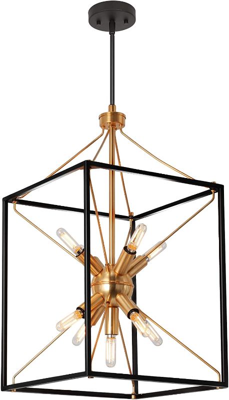Photo 1 of 
9-Light Chandelier, Adjustable Height Lantern Pendant Light with Black and Brass Finish